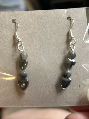Hematite hearts w labradorite, gemstone bead earrings. Stainless steel ear wires